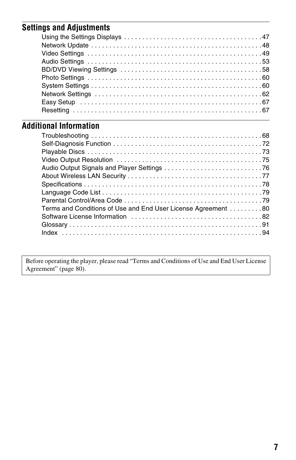 7settings and adjustments, Additional information | Sony BDP-S1000ES User Manual | Page 7 / 95