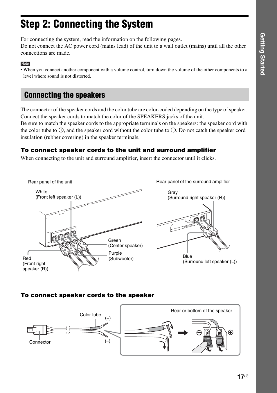Step 2: connecting the system, Connecting the speakers, E 17) | Ge tting star te d | Sony BDV-E770W User Manual | Page 17 / 75