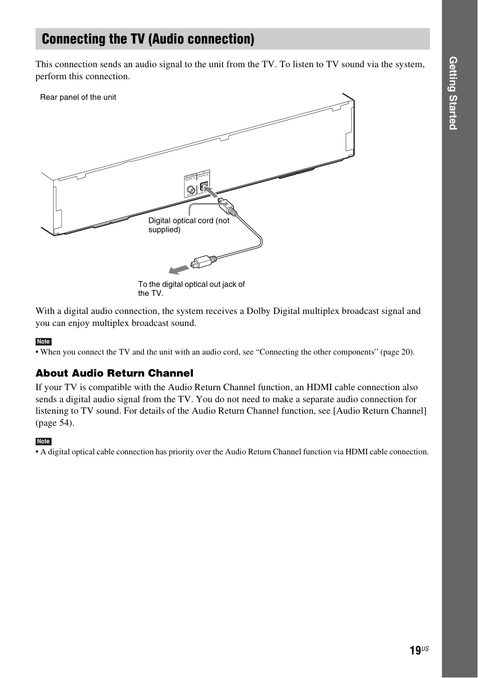 Connecting the tv (audio connection), Ge tting star te d, About audio return channel | Sony BDV-E770W User Manual | Page 19 / 75