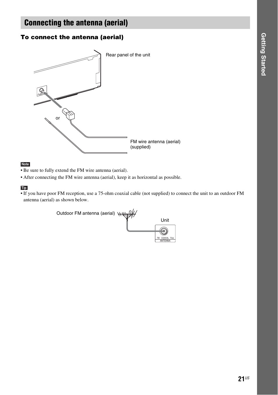 Connecting the antenna (aerial), E 21), Ge tting star te d to connect the antenna (aerial) | Sony BDV-E770W User Manual | Page 21 / 75