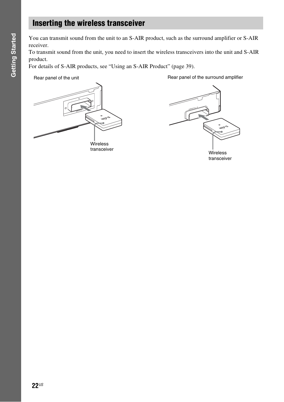 Inserting the wireless transceiver, E 22), Gettin g star ted | Sony BDV-E770W User Manual | Page 22 / 75