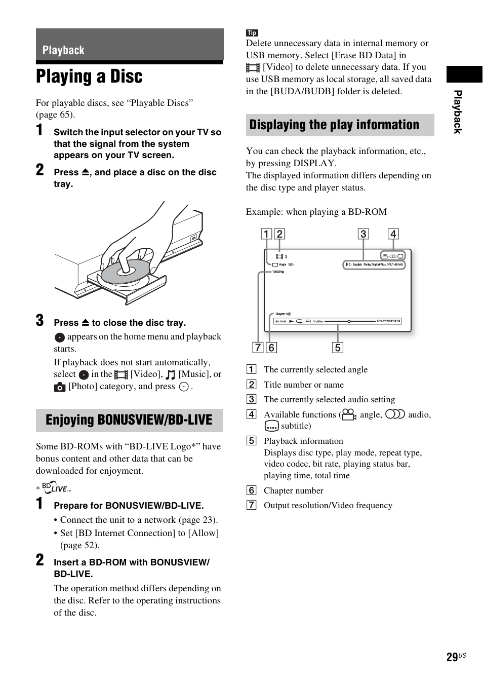 Playback, Playing a disc, Enjoying bonusview/bd-live | Displaying the play information, Es 29 | Sony BDV-E770W User Manual | Page 29 / 75