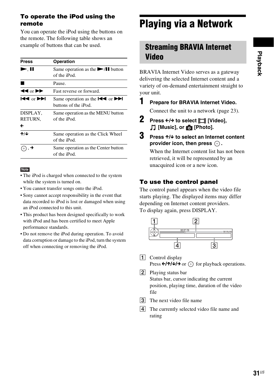 Playing via a network, Streaming bravia internet video | Sony BDV-E770W User Manual | Page 31 / 75