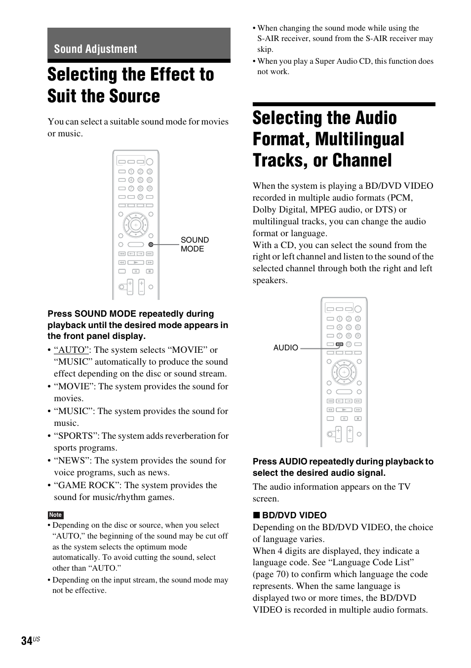 Sound adjustment, Selecting the effect to suit the source, Selecting the effect to suit | The source, Selecting the audio format, multilingual, Tracks, or channel, The audio information appears on the tv screen | Sony BDV-E770W User Manual | Page 34 / 75