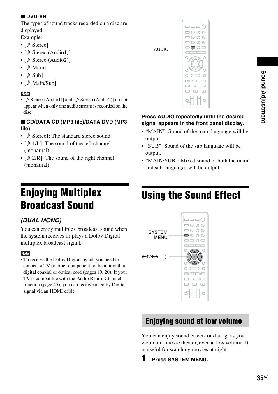Enjoying multiplex broadcast sound, Using the sound effect, Enjoying sound at low volume | Enjoying multiplex broadcast, Sound, Sou nd adj u stm e nt, Dual mono) | Sony BDV-E770W User Manual | Page 35 / 75