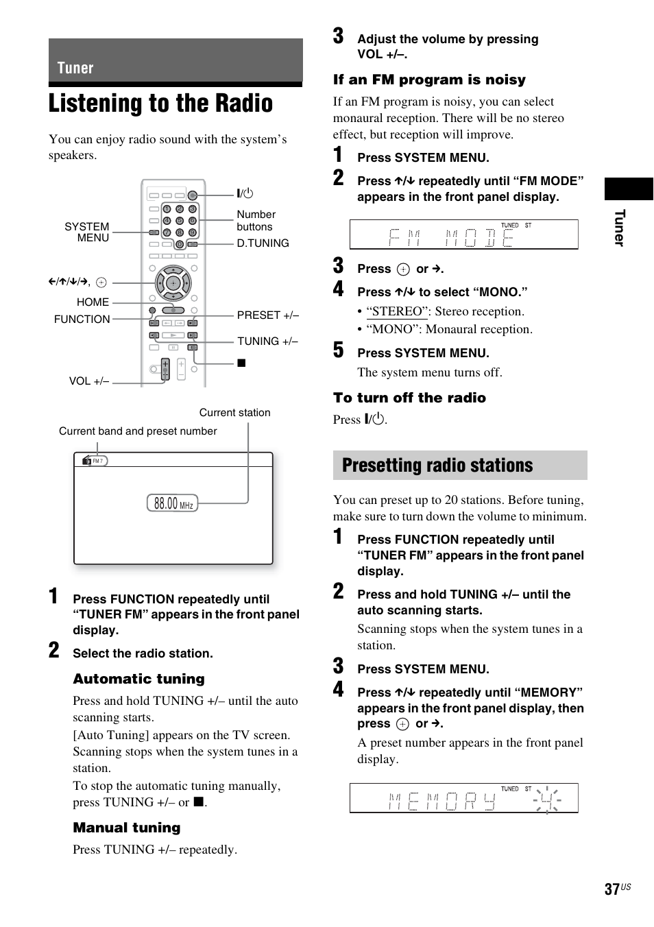 Tuner, Listening to the radio, Presetting radio stations | E 37) | Sony BDV-E770W User Manual | Page 37 / 75