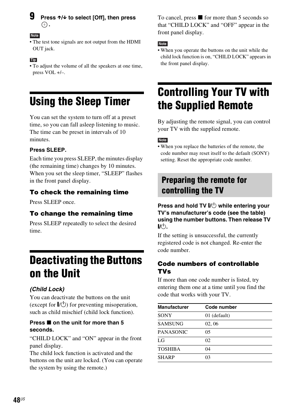 Using the sleep timer, Deactivating the buttons on the unit, Controlling your tv with the supplied remote | Preparing the remote for controlling the tv, Using the sleep timer deactivating the buttons on, The unit, Controlling your tv with the supplied, Remote, E 48 | Sony BDV-E770W User Manual | Page 48 / 75