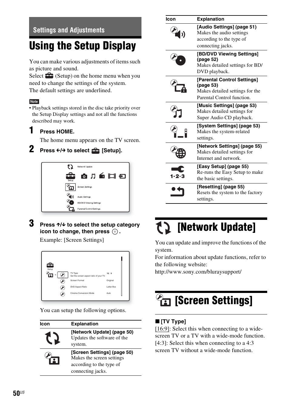 Settings and adjustments, Using the setup display, Network update | Screen settings | Sony BDV-E770W User Manual | Page 50 / 75