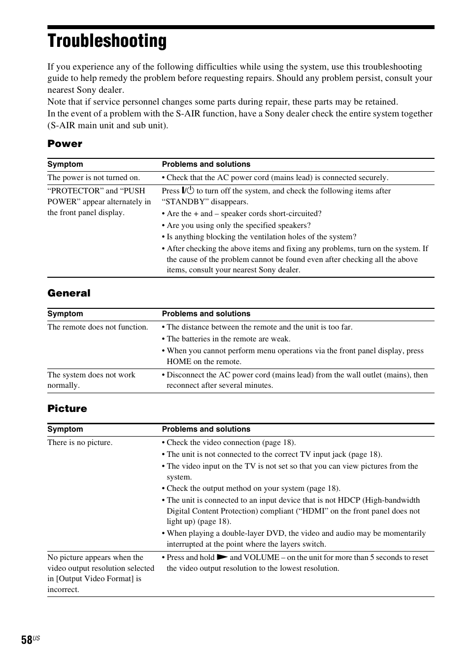 Troubleshooting | Sony BDV-E770W User Manual | Page 58 / 75