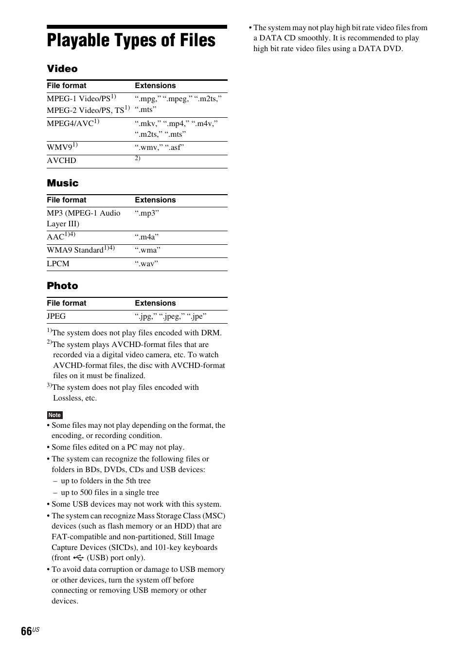 Playable types of files, Video music photo | Sony BDV-E770W User Manual | Page 66 / 75