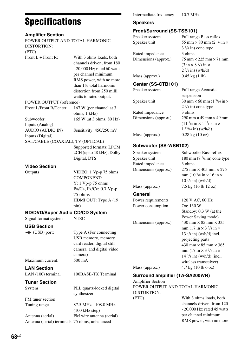 Specifications | Sony BDV-E770W User Manual | Page 68 / 75