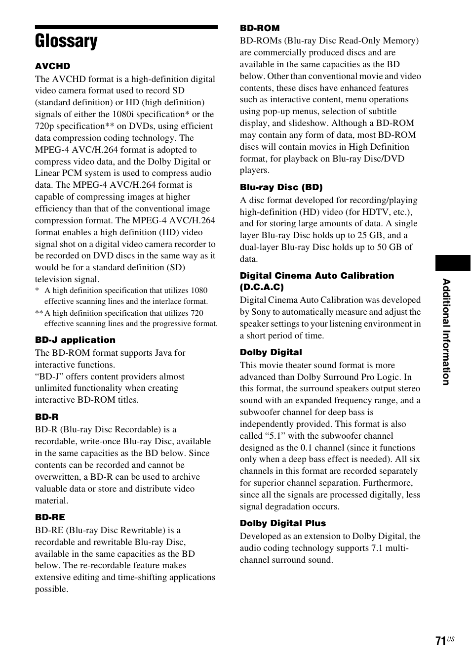 Glossary | Sony BDV-E770W User Manual | Page 71 / 75