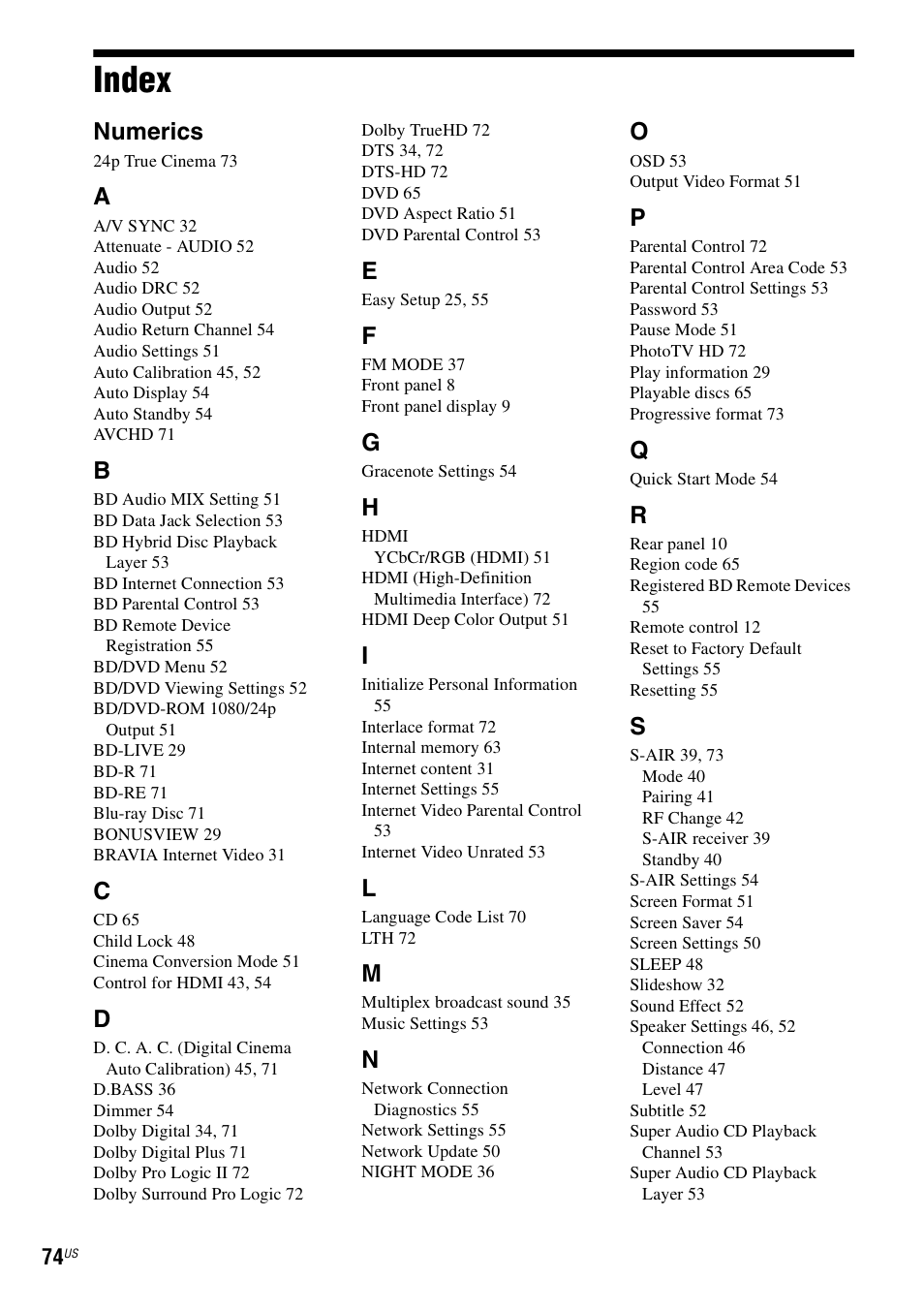 Index, Numerics | Sony BDV-E770W User Manual | Page 74 / 75