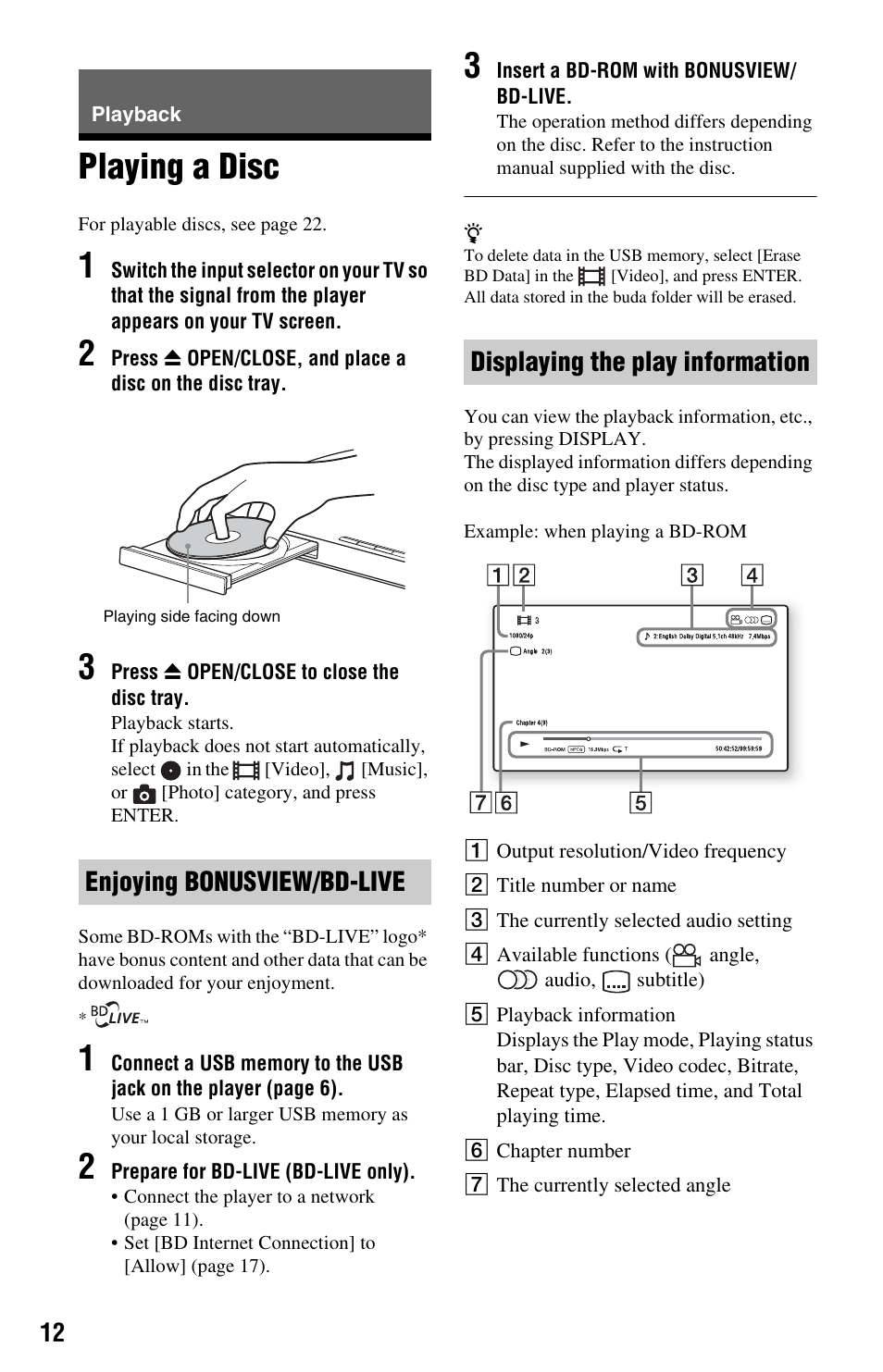 Playback, Playing a disc, Enjoying bonusview/bd-live | Displaying the play information | Sony BDP-S185/BX18 User Manual | Page 12 / 28