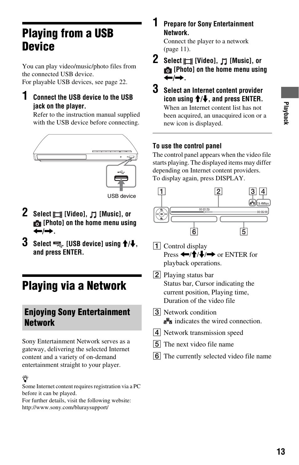 Playing from a usb device, Playing via a network, Enjoying sony entertainment network | Playing from a usb device playing via a network | Sony BDP-S185/BX18 User Manual | Page 13 / 28