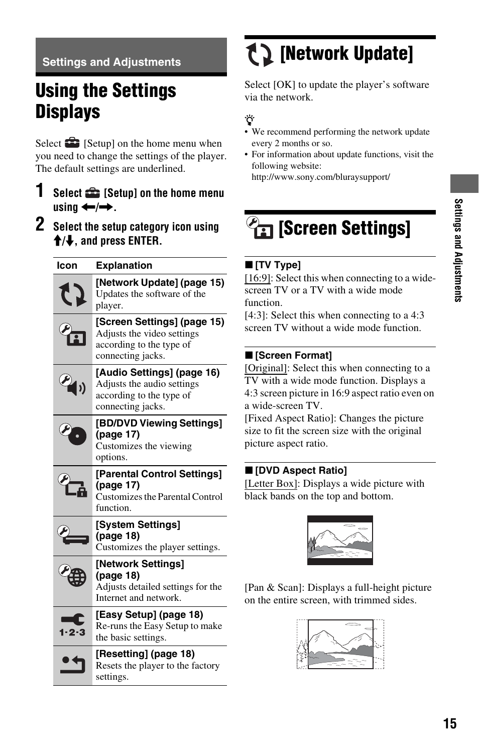 Settings and adjustments, Using the settings displays, Network update | Screen settings | Sony BDP-S185/BX18 User Manual | Page 15 / 28