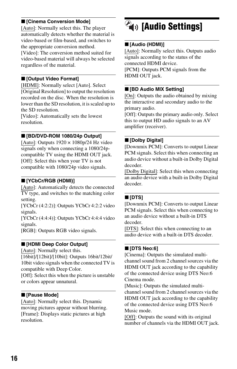 Audio settings | Sony BDP-S185/BX18 User Manual | Page 16 / 28