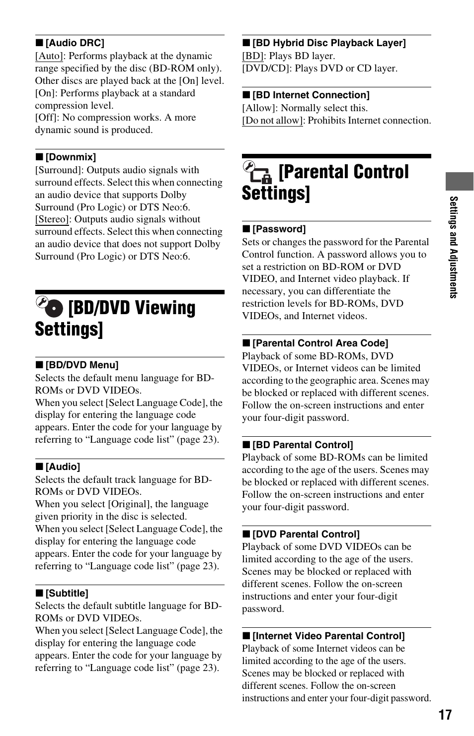 Bd/dvd viewing settings, Parental control settings | Sony BDP-S185/BX18 User Manual | Page 17 / 28