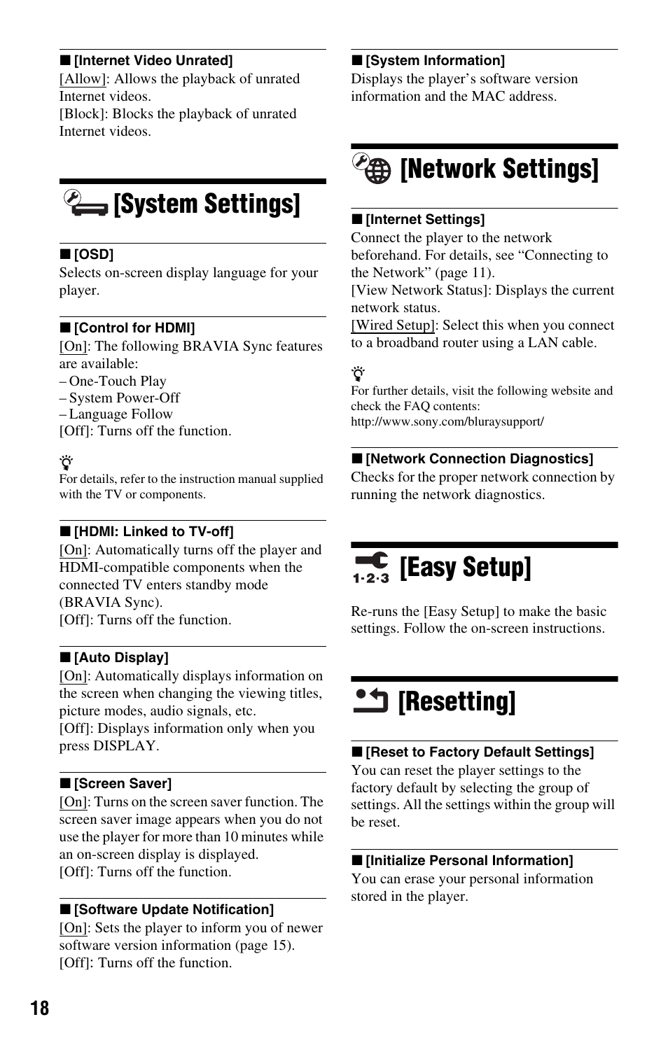System settings, Network settings, Easy setup | Resetting | Sony BDP-S185/BX18 User Manual | Page 18 / 28