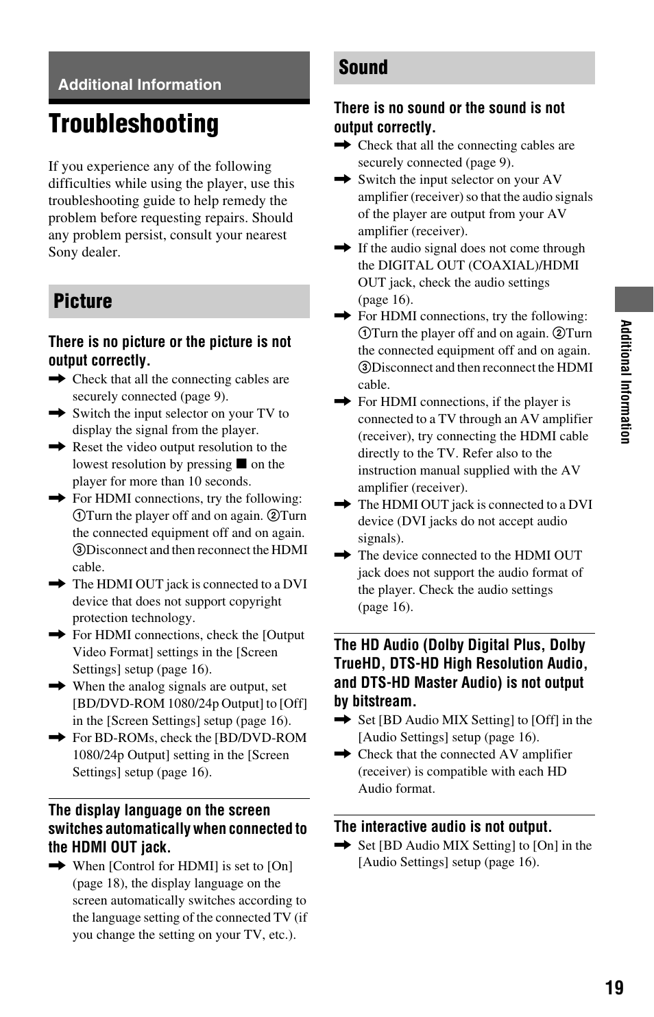 Additional information, Troubleshooting, Picture | Sound, Picture sound | Sony BDP-S185/BX18 User Manual | Page 19 / 28