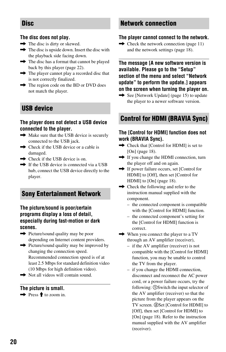 Disc, Usb device, Sony entertainment network | Network connection, Control for hdmi (bravia sync) | Sony BDP-S185/BX18 User Manual | Page 20 / 28