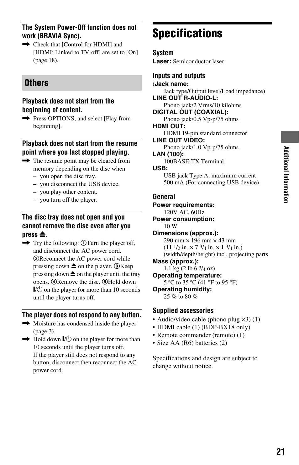 Others, Specifications | Sony BDP-S185/BX18 User Manual | Page 21 / 28