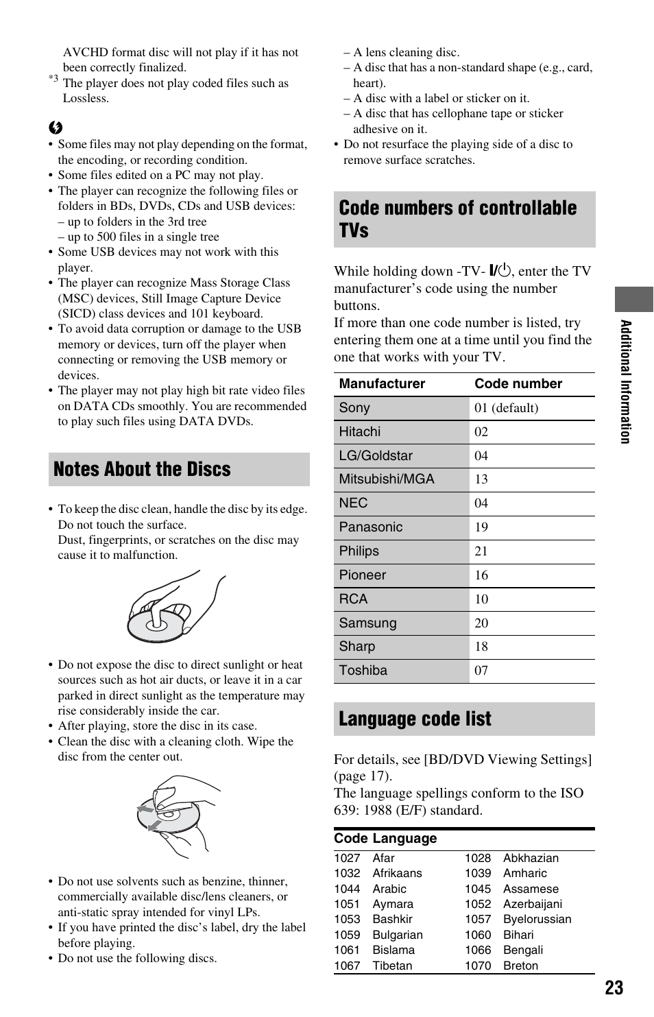 Notes about the discs, Code numbers of controllable tvs, Language code list | Sony BDP-S185/BX18 User Manual | Page 23 / 28
