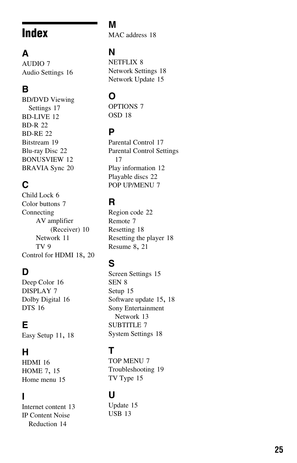 Index | Sony BDP-S185/BX18 User Manual | Page 25 / 28