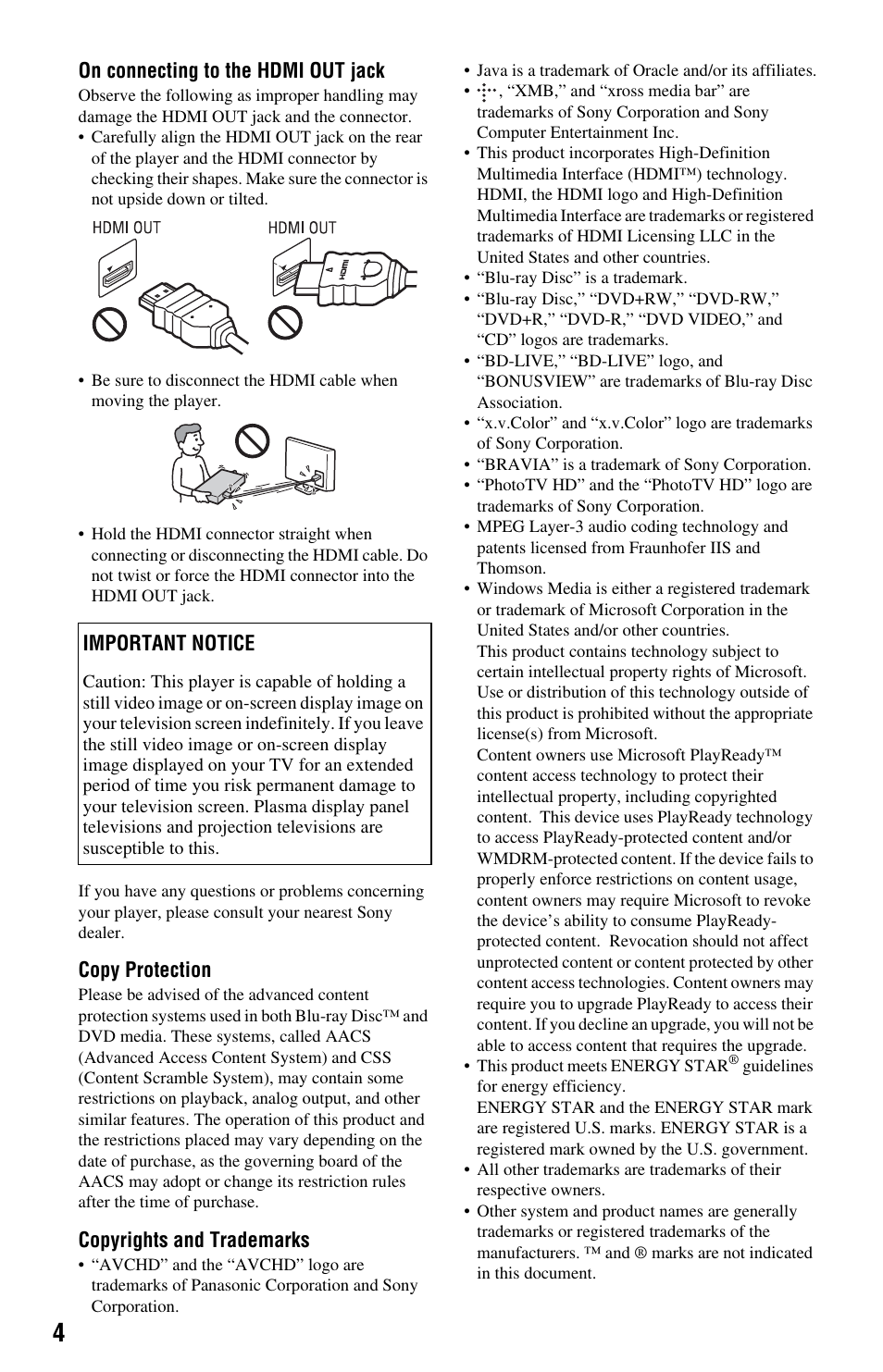 On connecting to the hdmi out jack, Copy protection, Copyrights and trademarks | Important notice | Sony BDP-S185/BX18 User Manual | Page 4 / 28