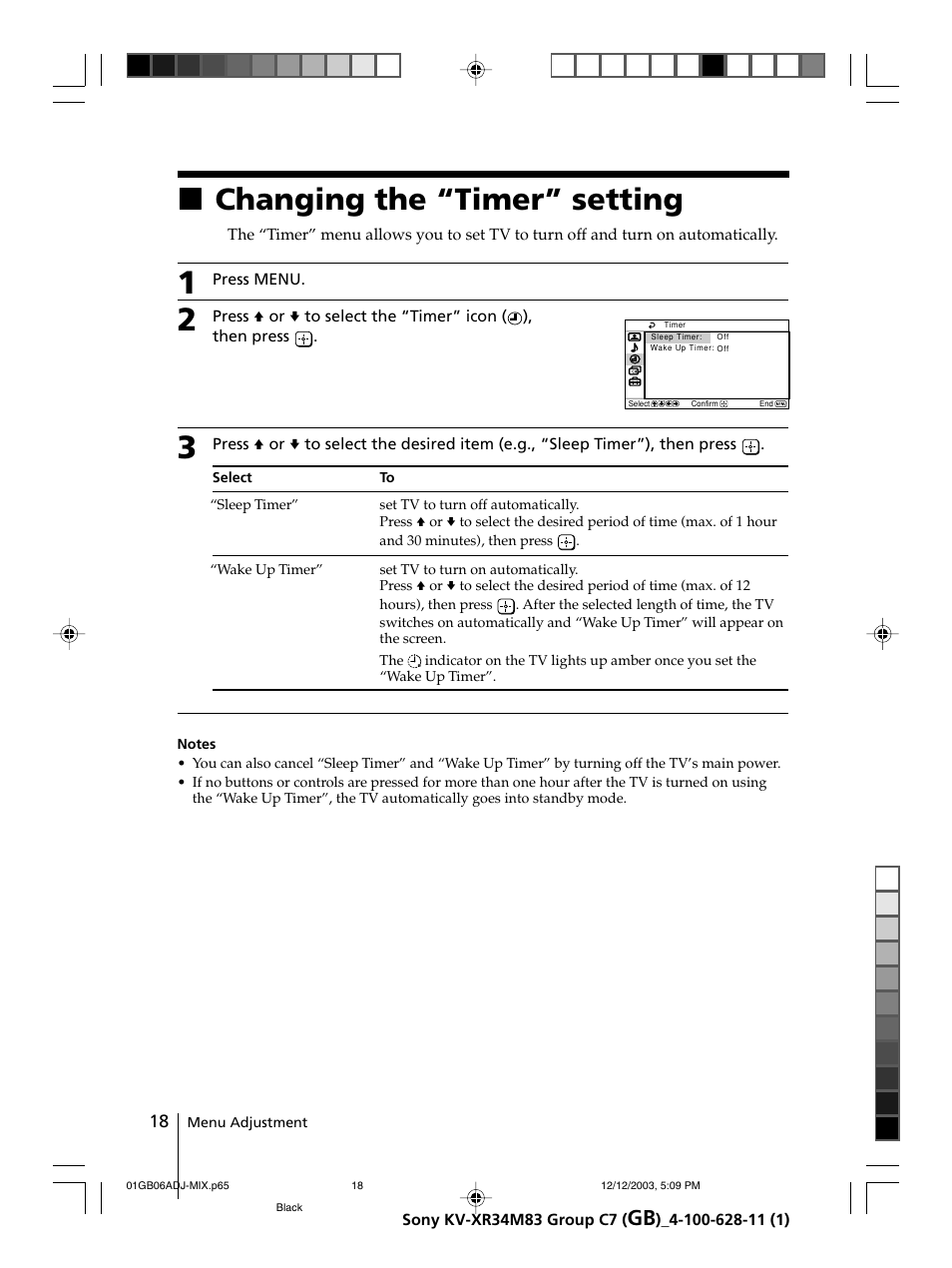 Changing the “timer” setting, Xchanging the “timer” setting | Sony wega KV-XR34 User Manual | Page 18 / 27