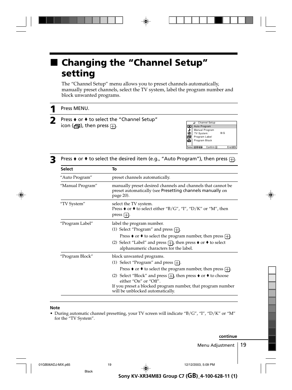 Changing the “channel setup” setting, Xchanging the “channel setup” setting | Sony wega KV-XR34 User Manual | Page 19 / 27