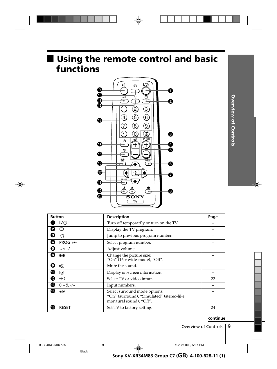 Using the remote control and basic functions | Sony wega KV-XR34 User Manual | Page 9 / 27