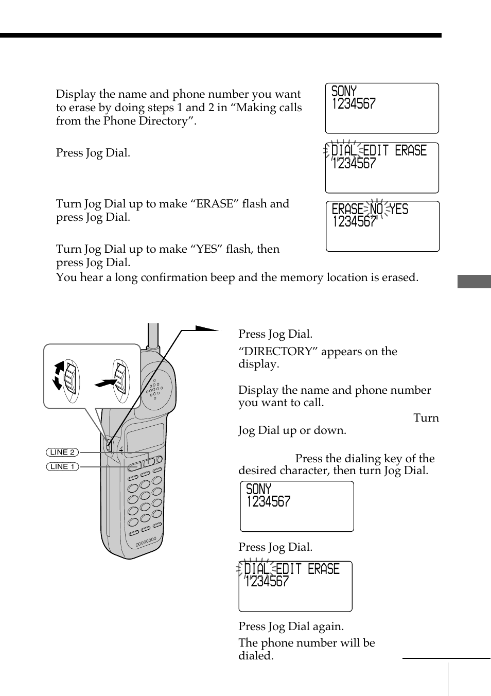 Erasing a memory location, Making calls from the phone directory | Sony SPP-A972 User Manual | Page 35 / 80