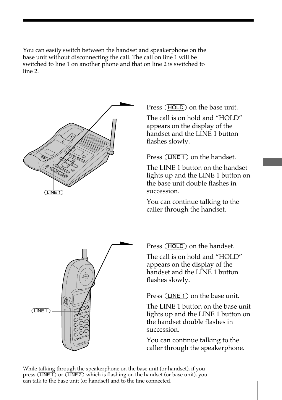 Switching the phones during a call, To switch from the base unit to the handset, To switch from the handset to the base unit | Sony SPP-A972 User Manual | Page 39 / 80