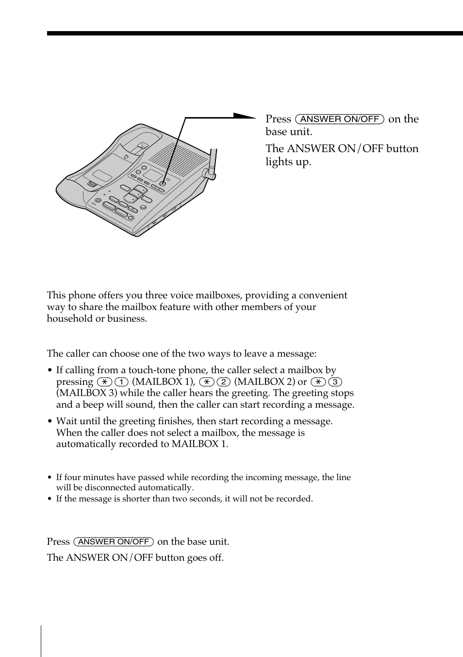 Turning on the answering function, Mailbox usage | Sony SPP-A972 User Manual | Page 52 / 80