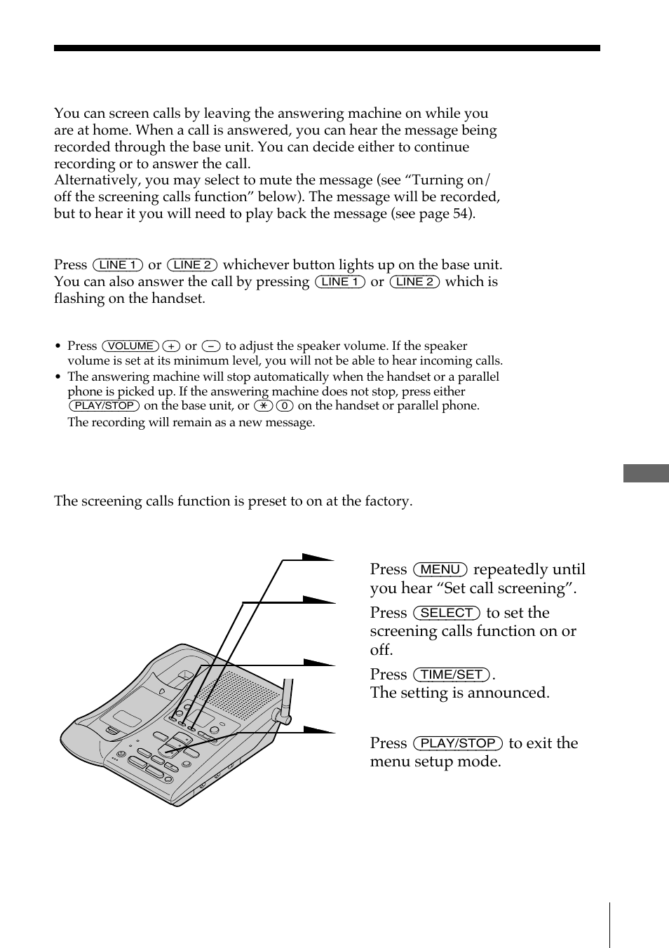 Screening calls, Turning on/off the screening calls function | Sony SPP-A972 User Manual | Page 57 / 80