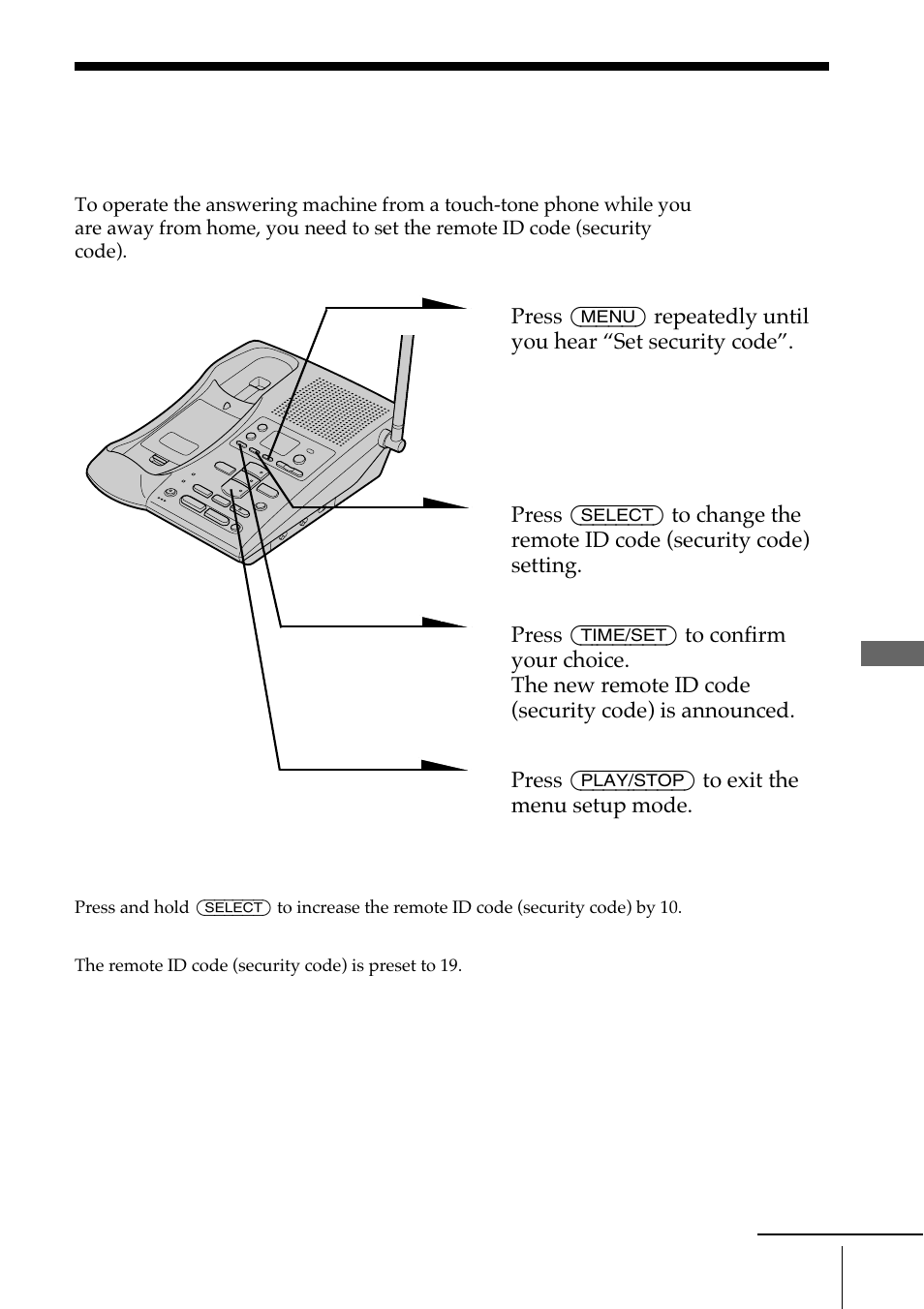 Operating from an outside phone, Setting the remote id code (security code) | Sony SPP-A972 User Manual | Page 59 / 80