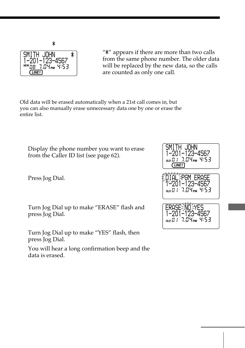 Erasing data from the caller id list | Sony SPP-A972 User Manual | Page 63 / 80