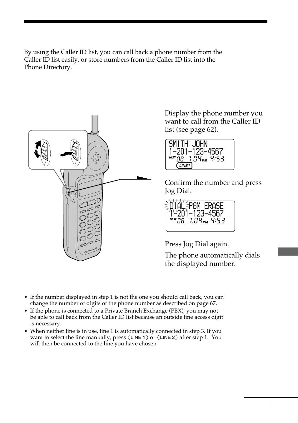 Using the caller id list, Calling back a number from the caller id list | Sony SPP-A972 User Manual | Page 65 / 80