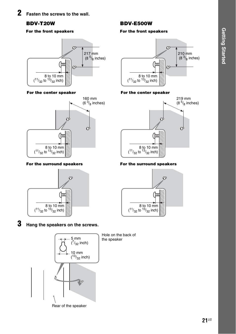 Ge tting star te d, Bdv-t20w, Bdv-e500w | Sony BDV-T20W User Manual | Page 21 / 123