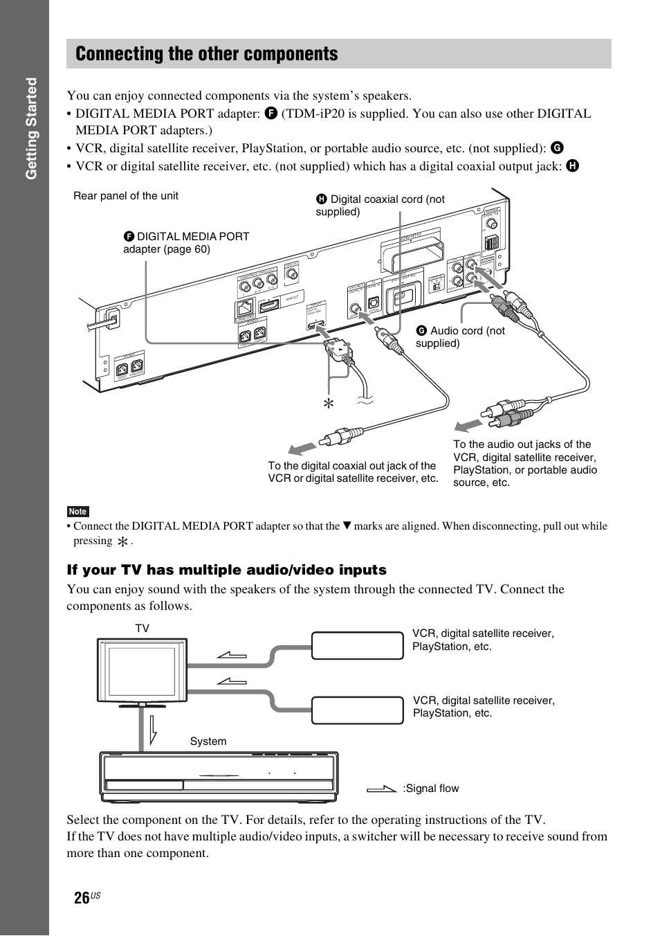 Connecting the other components, E 26), Gettin g star ted | If your tv has multiple audio/video inputs | Sony BDV-T20W User Manual | Page 26 / 123