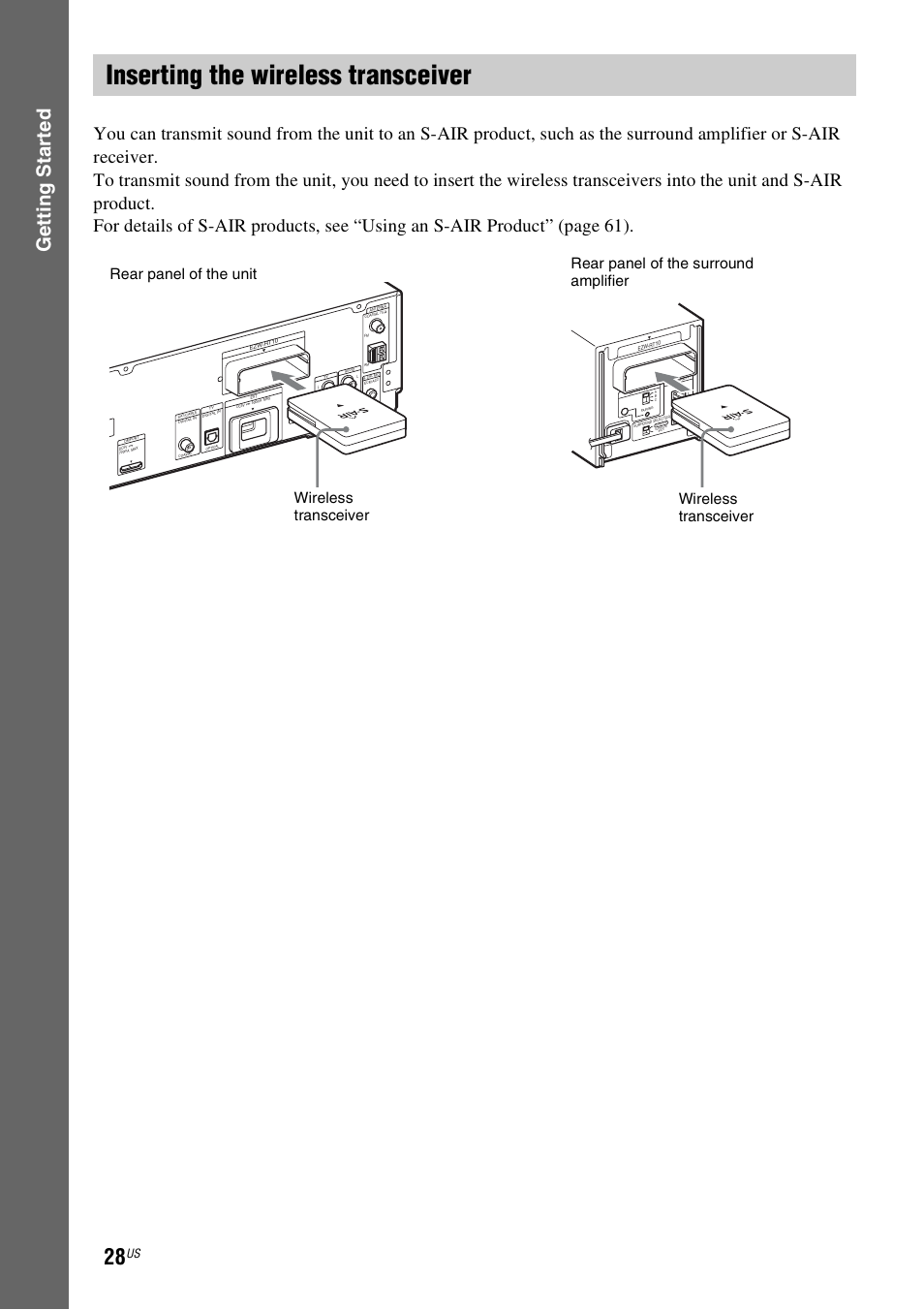 Inserting the wireless transceiver, E 28), E 28 | Gettin g star ted | Sony BDV-T20W User Manual | Page 28 / 123
