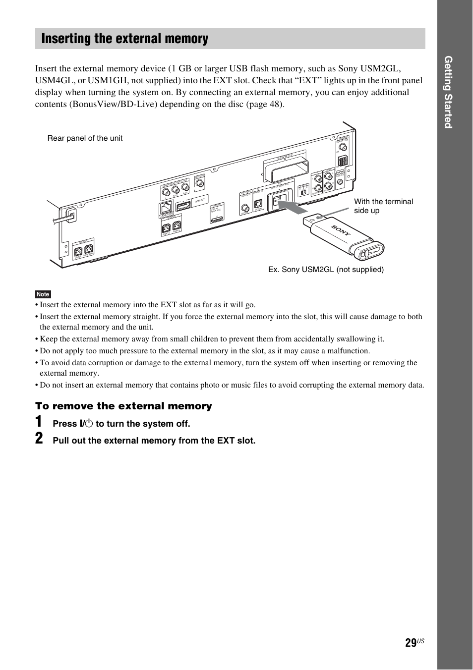 Inserting the external memory, Ge tting star te d, Press " / 1 to turn the system off | Sony BDV-T20W User Manual | Page 29 / 123