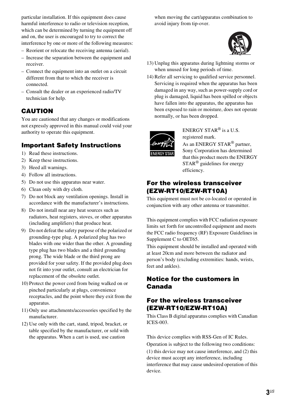 Caution, Important safety instructions, For the wireless transceiver (ezw-rt10/ezw-rt10a) | Sony BDV-T20W User Manual | Page 3 / 123