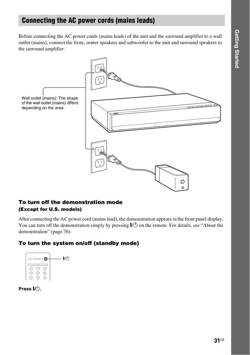 Connecting the ac power cords (mains leads), Ge tting star te d | Sony BDV-T20W User Manual | Page 31 / 123