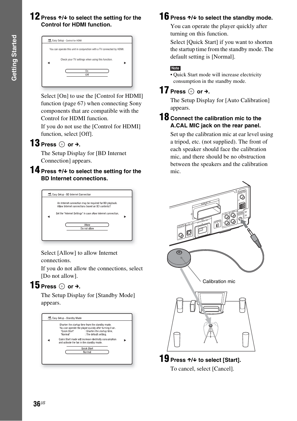 Gettin g star ted, The setup display for [standby mode] appears, The setup display for [auto calibration] appears | Press or c, Press x / x to select the standby mode, Press x / x to select [start, Calibration mic | Sony BDV-T20W User Manual | Page 36 / 123