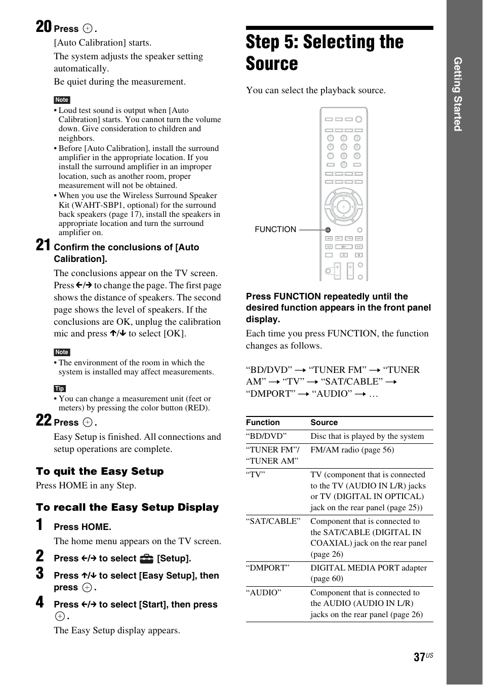 Step 5: selecting the source | Sony BDV-T20W User Manual | Page 37 / 123