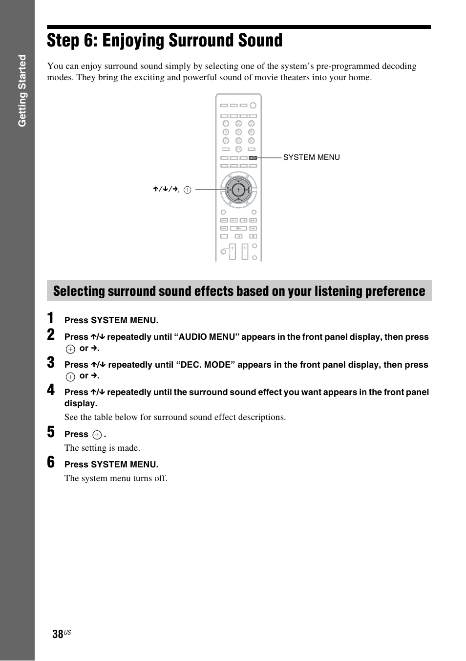 Step 6: enjoying surround sound, Step 6: enjoying surround, Sound | E 38 | Sony BDV-T20W User Manual | Page 38 / 123