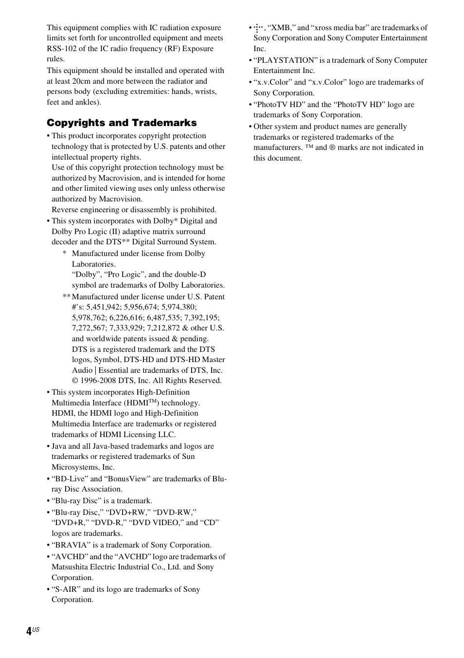 Copyrights and trademarks | Sony BDV-T20W User Manual | Page 4 / 123