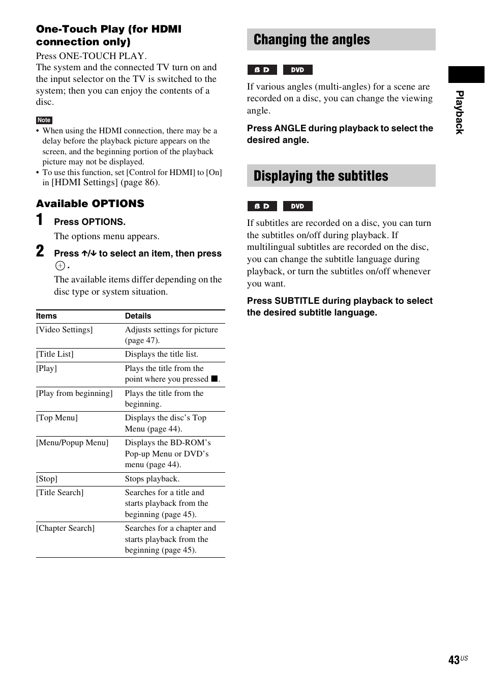 Changing the angles, Displaying the subtitles, E 43) | Changing the angles displaying the subtitles | Sony BDV-T20W User Manual | Page 43 / 123